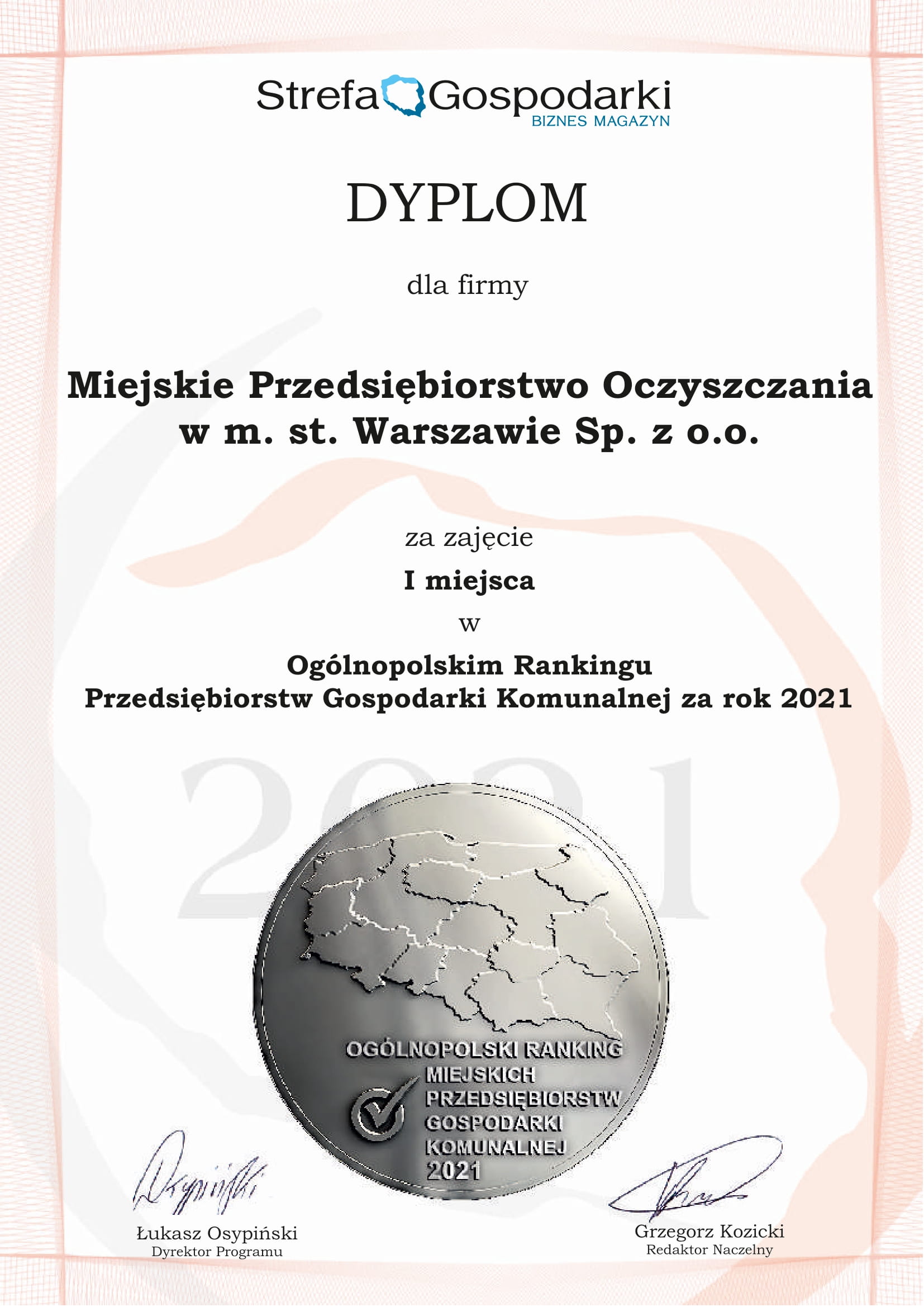 Miejskie Przedsiębiorstwo Oczyszczania w m. st. Warszawie Sp. z o.o dyplom 1